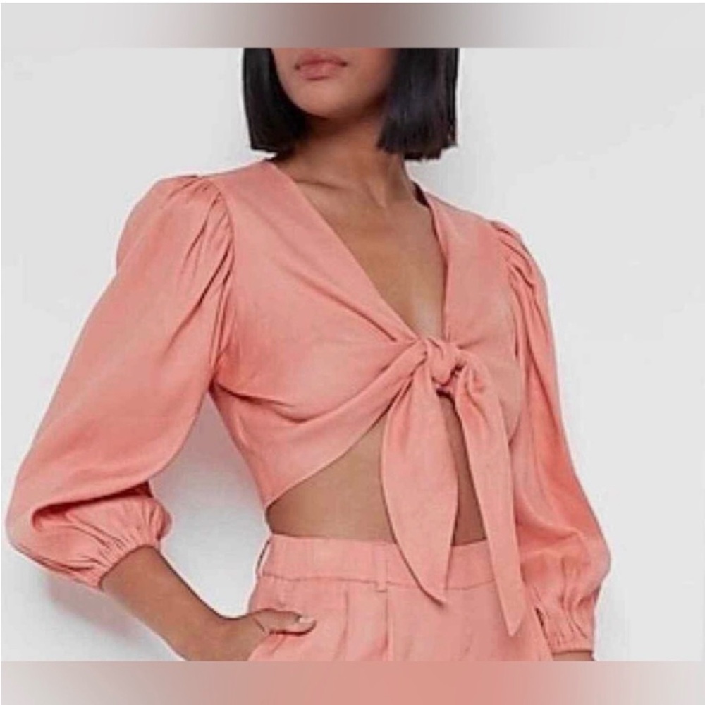 Express Linen-Blend Tie Front Crop Top Coral- Size XS